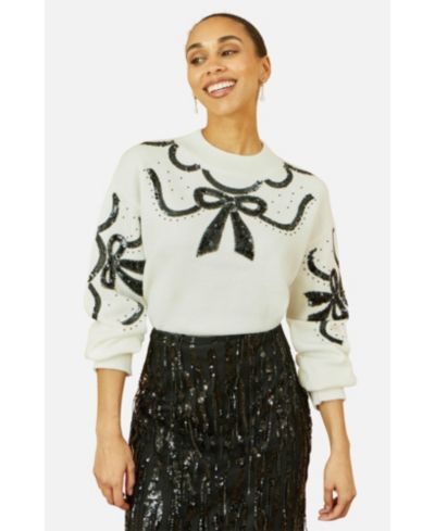 Yumi Women's Sequinned Bow Neckline Sweater