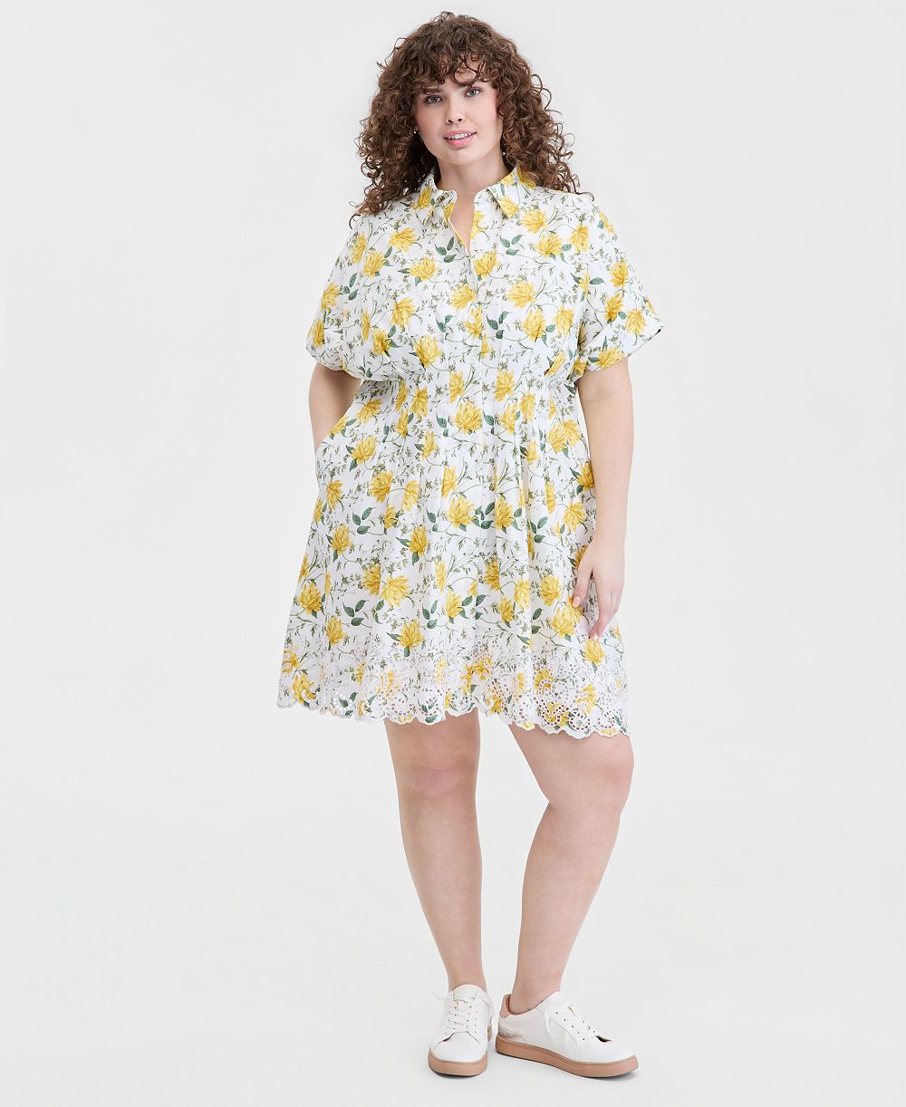 On 34th Trendy Plus Size Lotus Sprigs Cutwork Mini Shirtdress, Macy's Exclusive