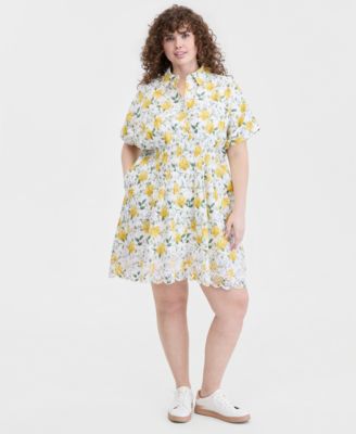 On 34th Trendy Plus Size Lotus Sprigs Cutwork Mini Shirtdress, Macy's Exclusive