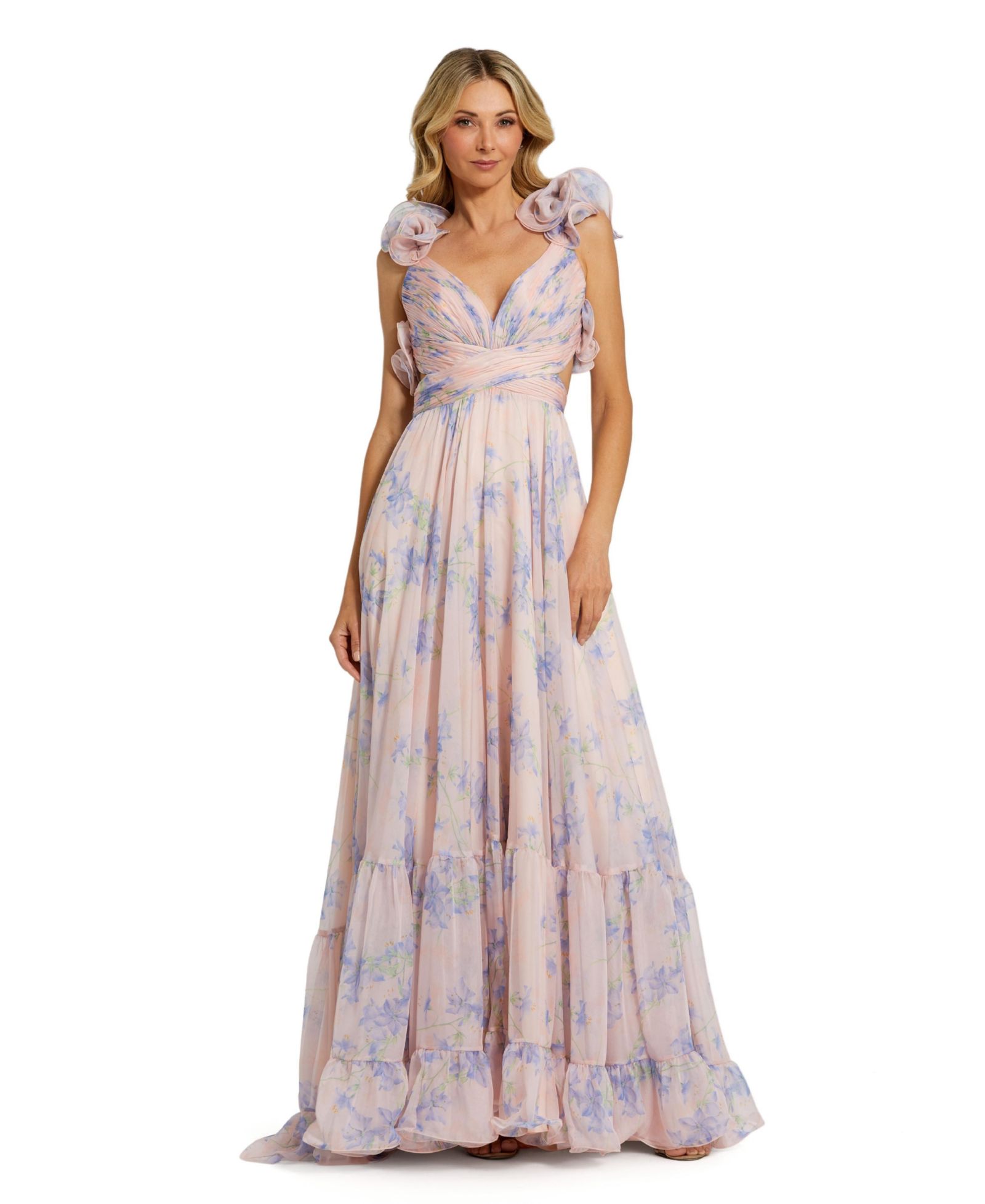 Mac Duggal Women's Ruffle Tiered Floral Cut-Out Chiffon Gown