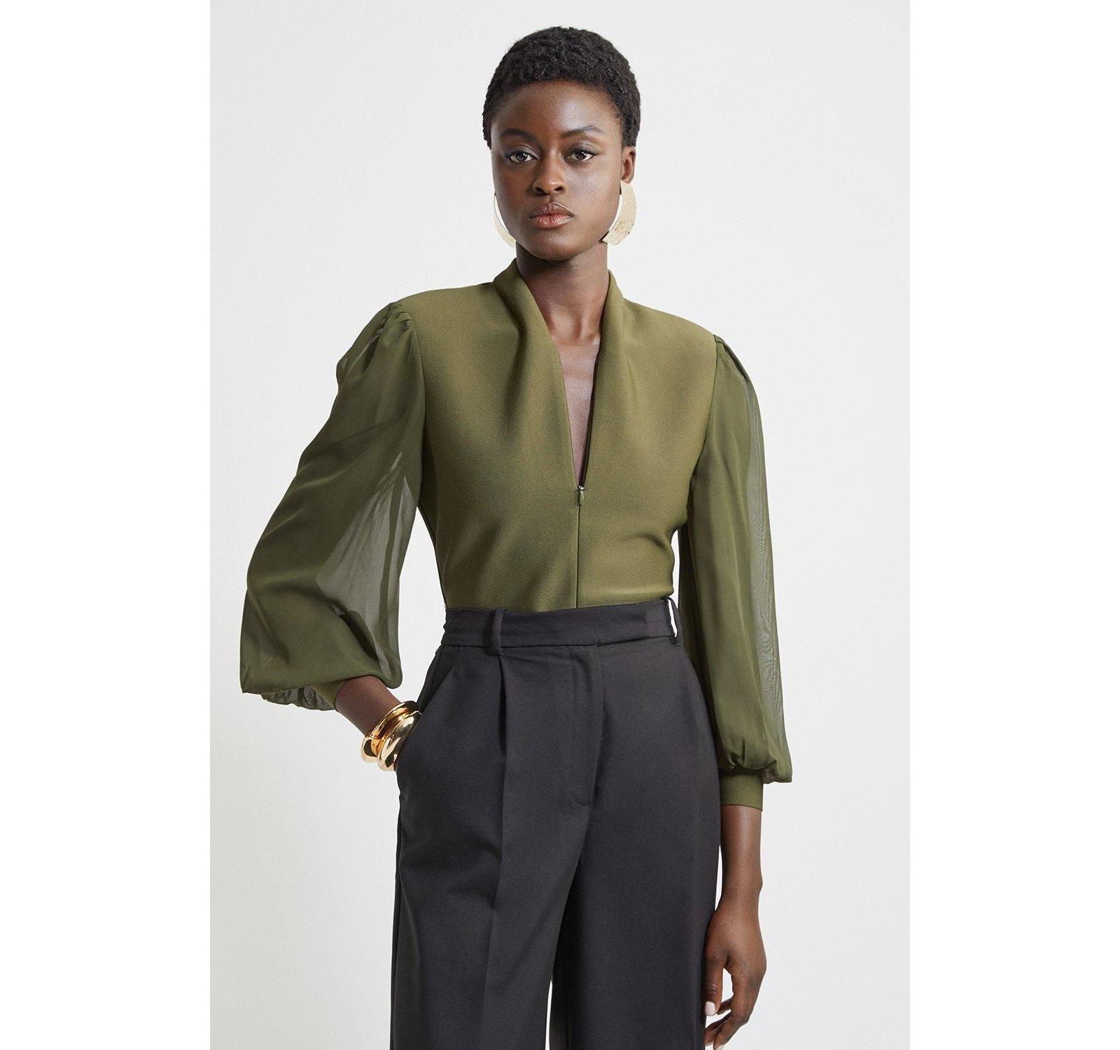 Karen Millen Женский трикотажный топ с шифоновыми рукавами и застежкой-молнией