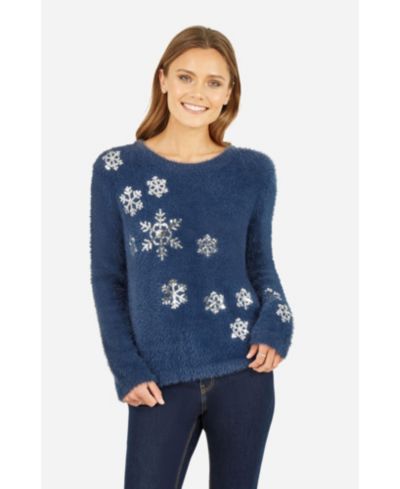 Yumi Women's Sequin Snowflake Fluffy Sweater