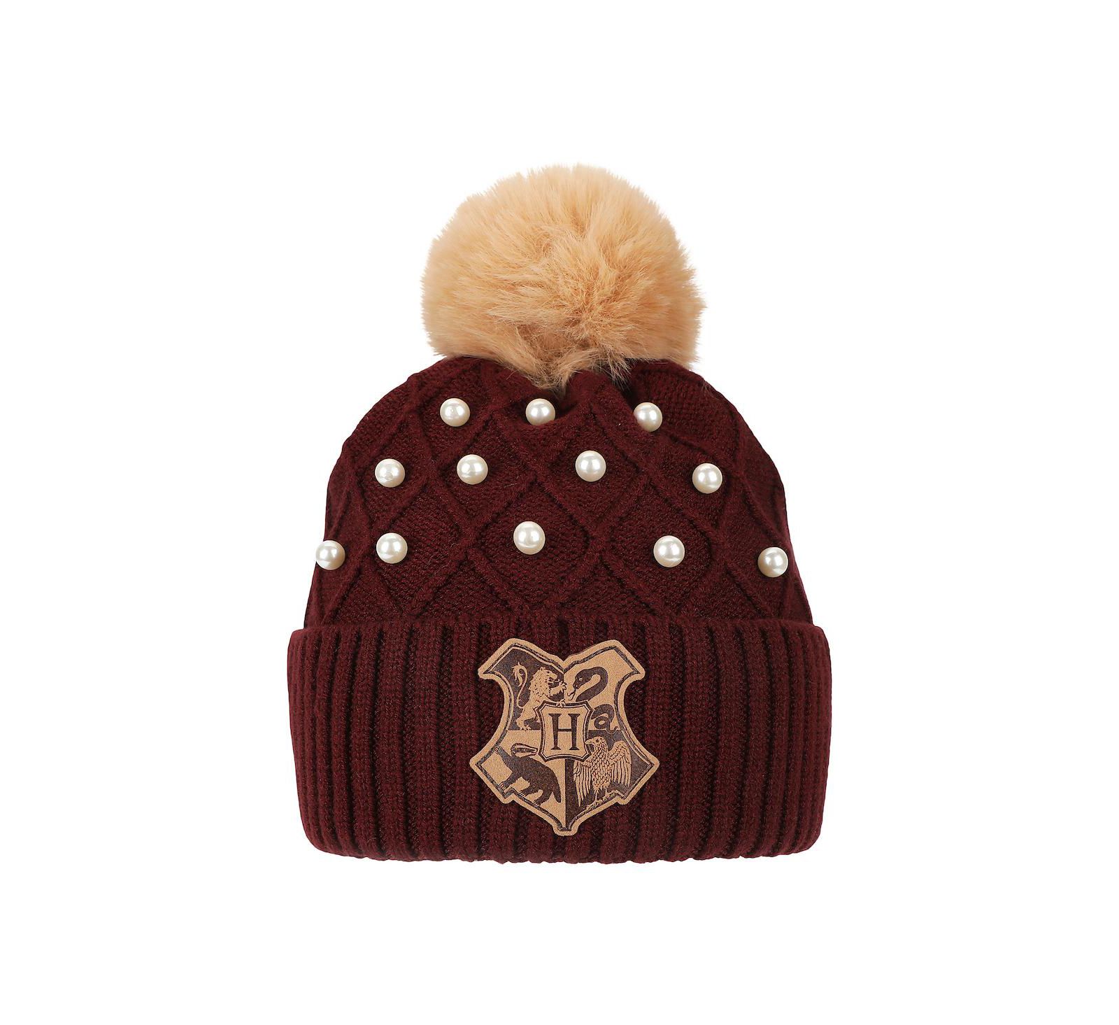 Harry Potter Men's Hogwarts Crest and Pearl Appliques Maroon Cuff Beanie