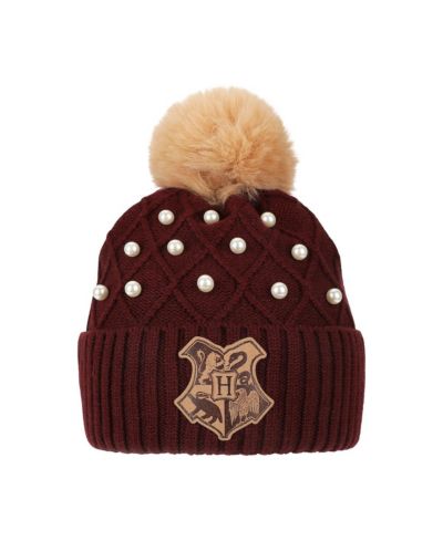 Harry Potter Men's Hogwarts Crest and Pearl Appliques Maroon Cuff Beanie