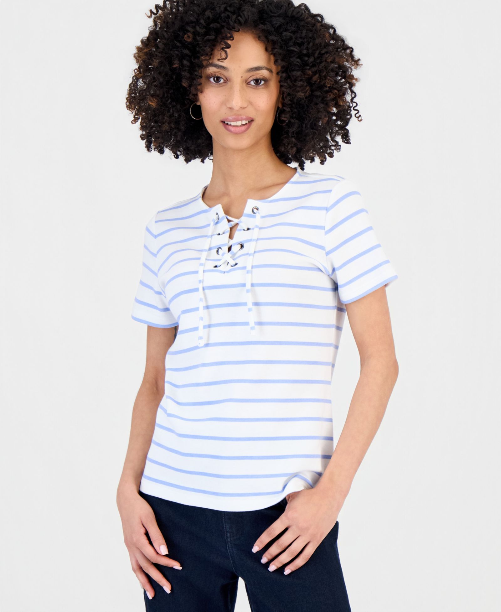 Style & Co Petite Striped Lace-Up Short-Sleeve Top, Macy's Exclusive