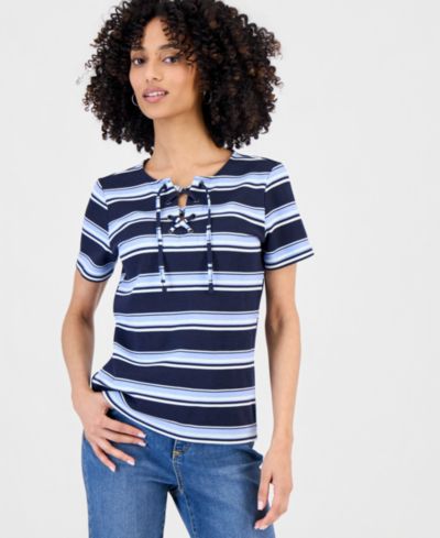 Petite топ Style & Co в полоску с завязками и коротким рукавом