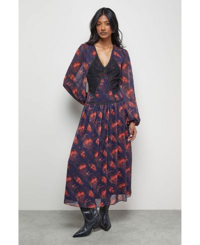 Warehouse Women's Plunge Neck Pleated Maxi Dress