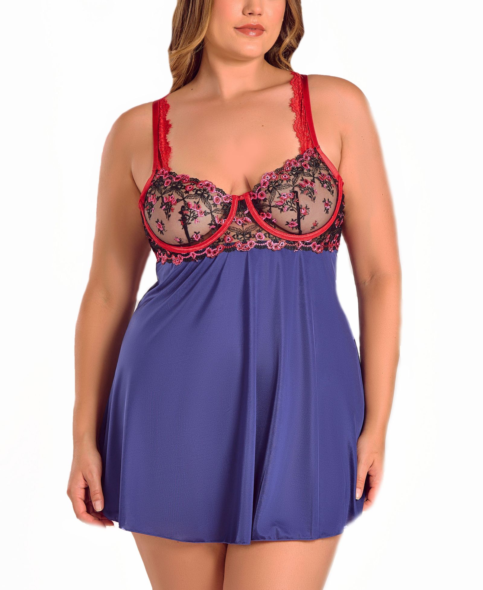 iCollection Plus Size Gypsy Lace and Microfiber Babydoll Lingerie Set