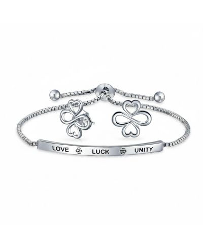 Bling Jewelry Love Luck and Unity Bolo Bracelet and Heart Infinity Clover Stud Earrings Set
