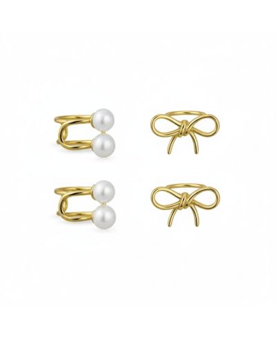 Bling Jewelry Bow and Pearl 2-Ban Cartilage Ear Cuff Earrings Gold Sterling Silver (2 Set)