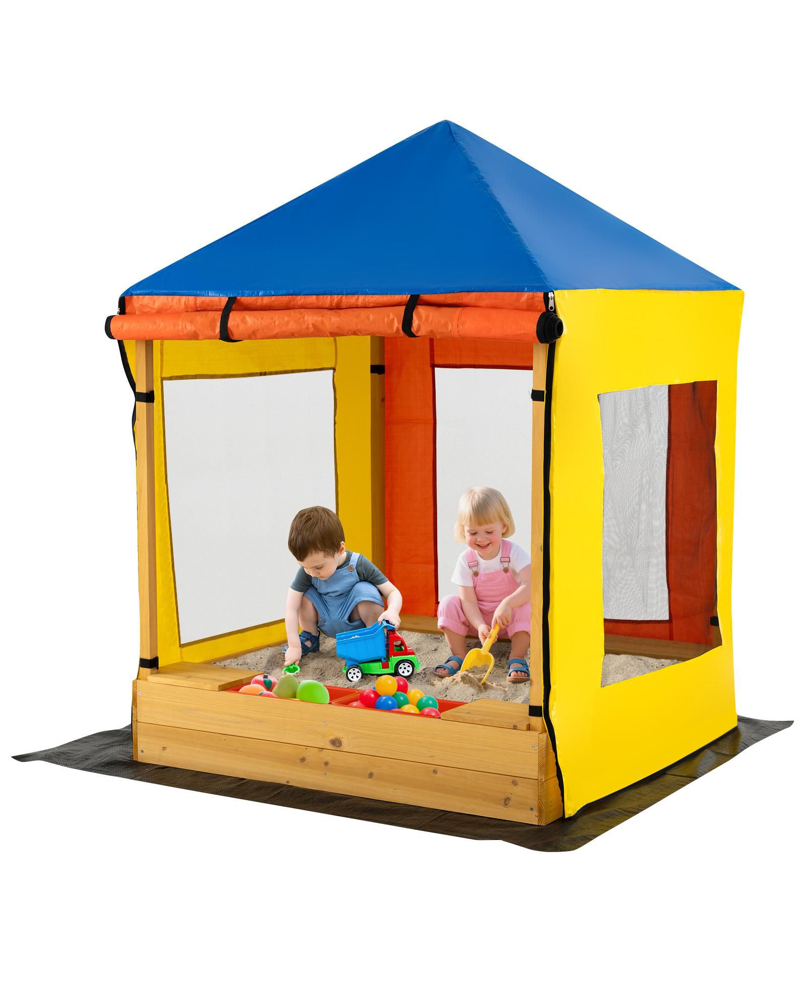 Hongge Large Wooden Sandbox with Canopy and Mesh Windows, Ages 3+