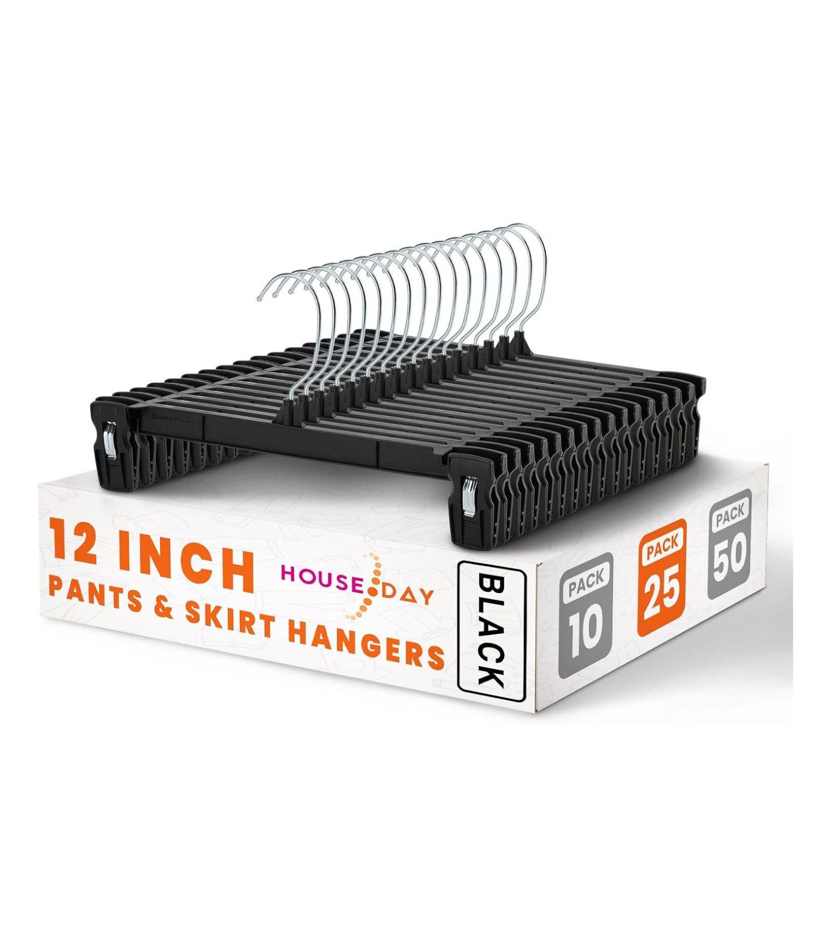 House Day Plastic Pants Skirts Hangers 12inch with Non-Slip Big Clips 25 Pack
