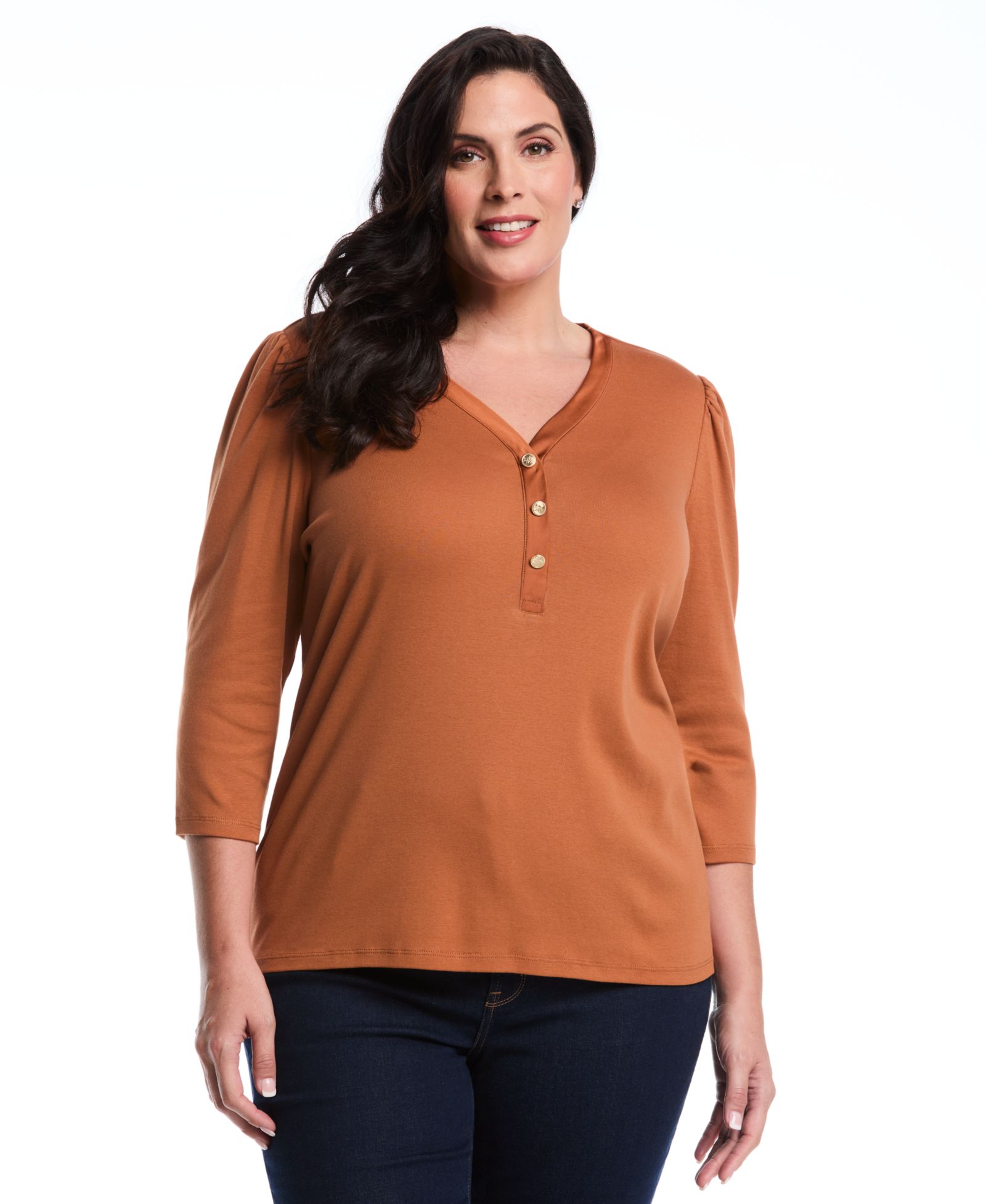 Топ Rafaella Plus Size 3/4 Puff Sleeve V-Neck