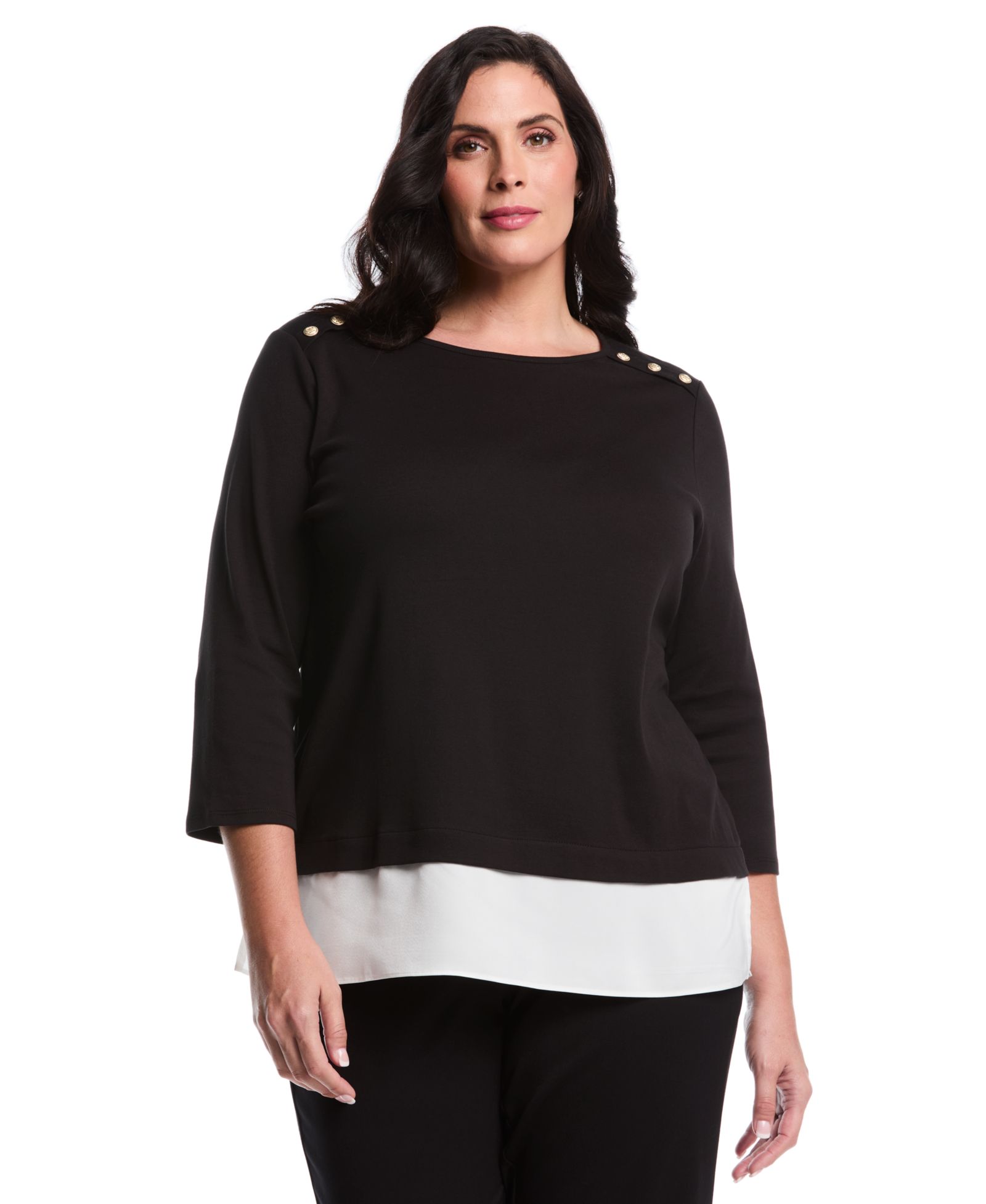 Rafaella Plus Size Plus Size Rivet Detail Mixed Media Layered 3/4 Sleeve Top