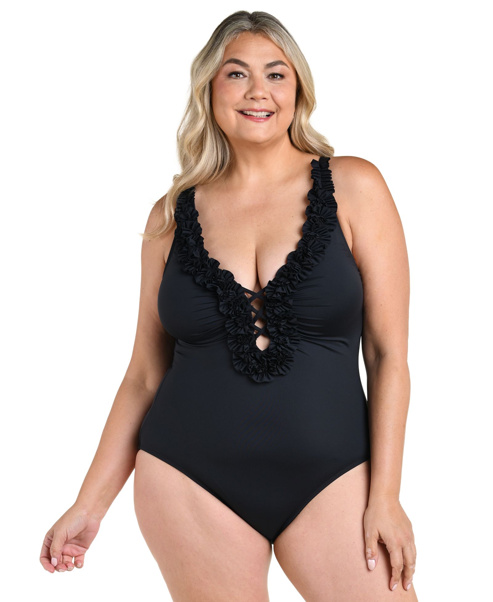 La Blanca Plus Size Island Goddess Ruffle V-Neck One-Piece Swimsuit