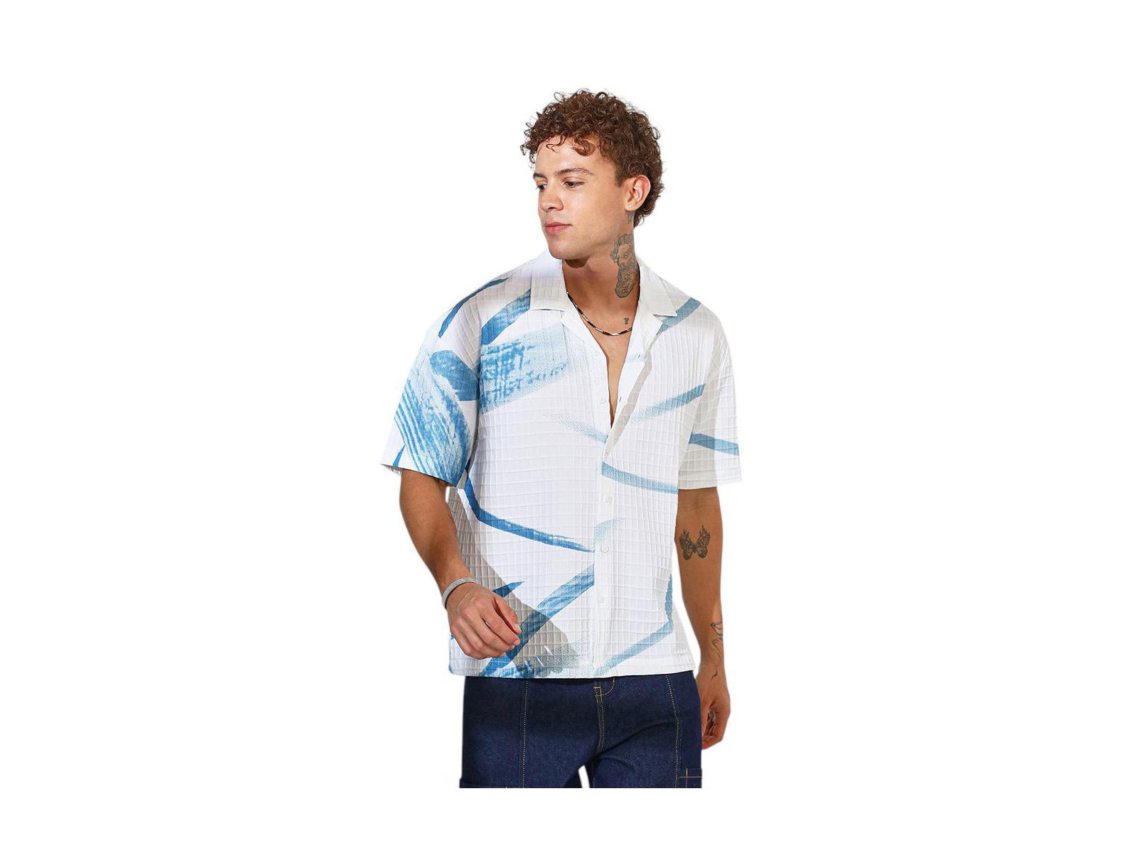 Cahoot Men's Campus Sutra Sky Blue & Chalk White Stroked Waffle Oversized Shirt