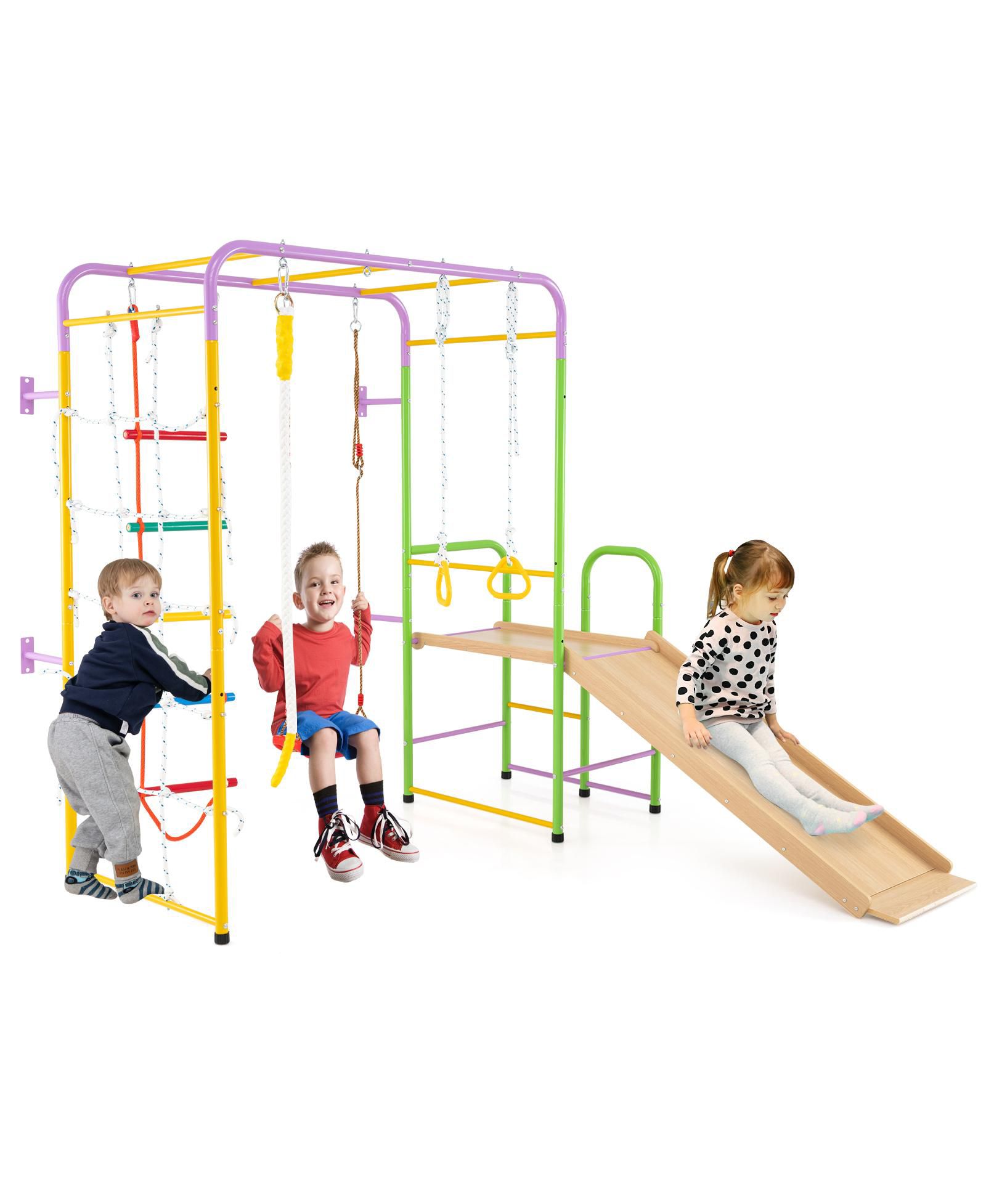 Hongge 8-in-1 Metal Indoor Jungle Gym Playset with Monkey Bars, Climbing Wall, Slide & Swing, Ages 3+