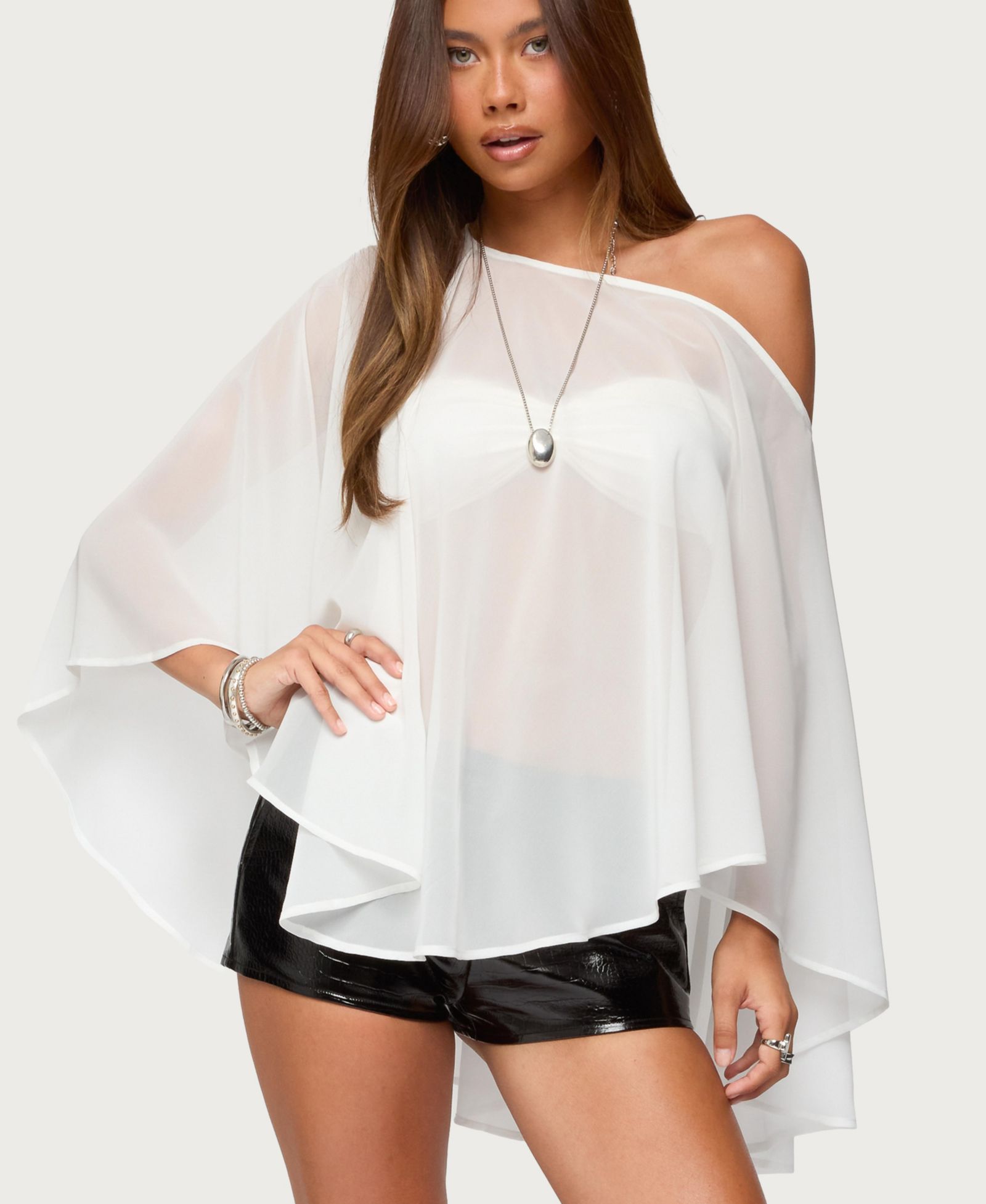 Edikted Women's Sheer Chiffon Asymmetric Poncho