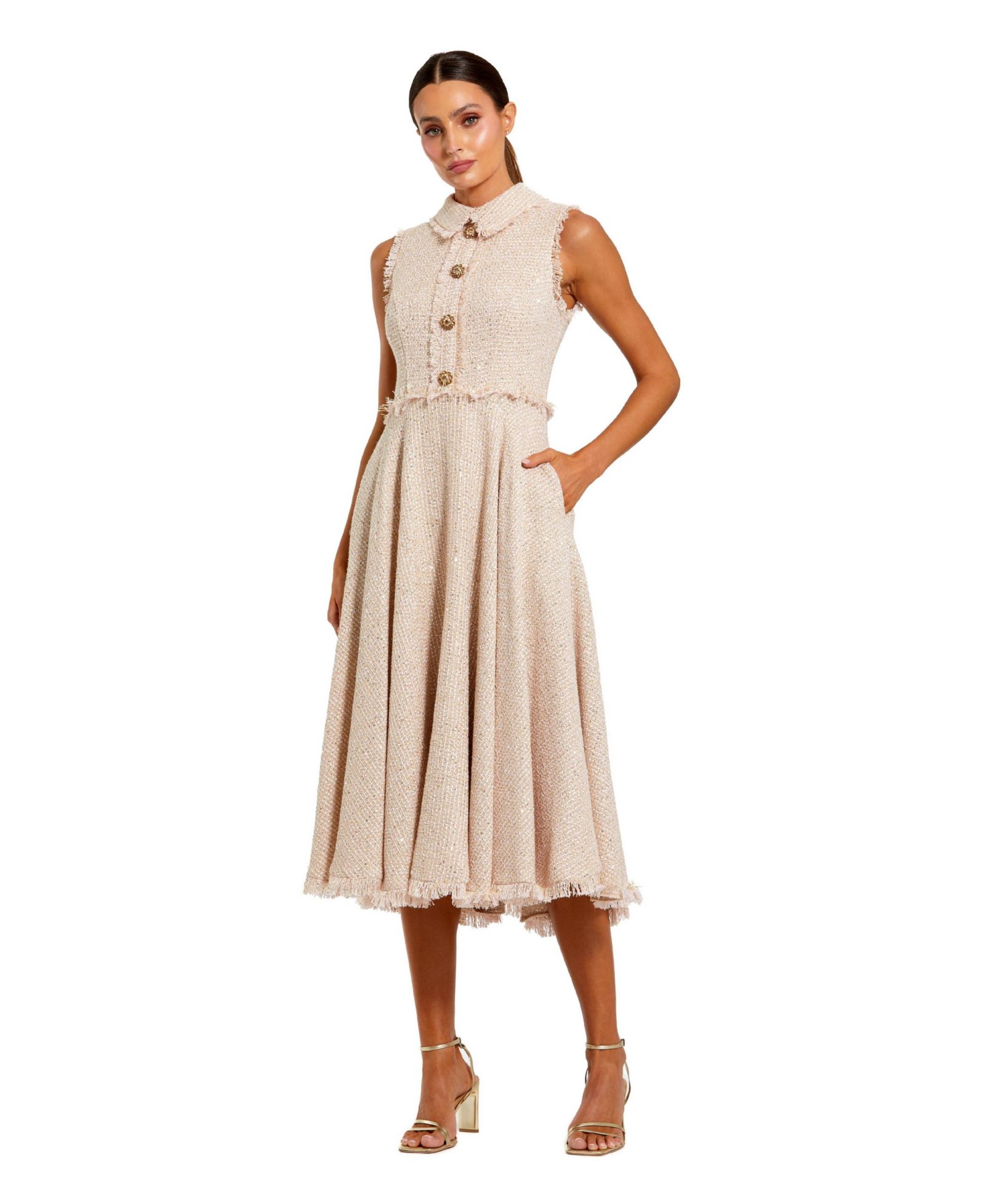 Женское платье миди Mac Duggal Boucle Sleeveless Collared Button Up