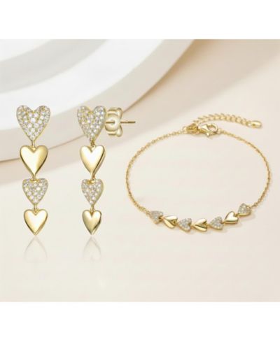Genevive Gold-Plated Heart Jewelry Set with Sparkling CZ - Elegant Bracelet & Drop Earrings