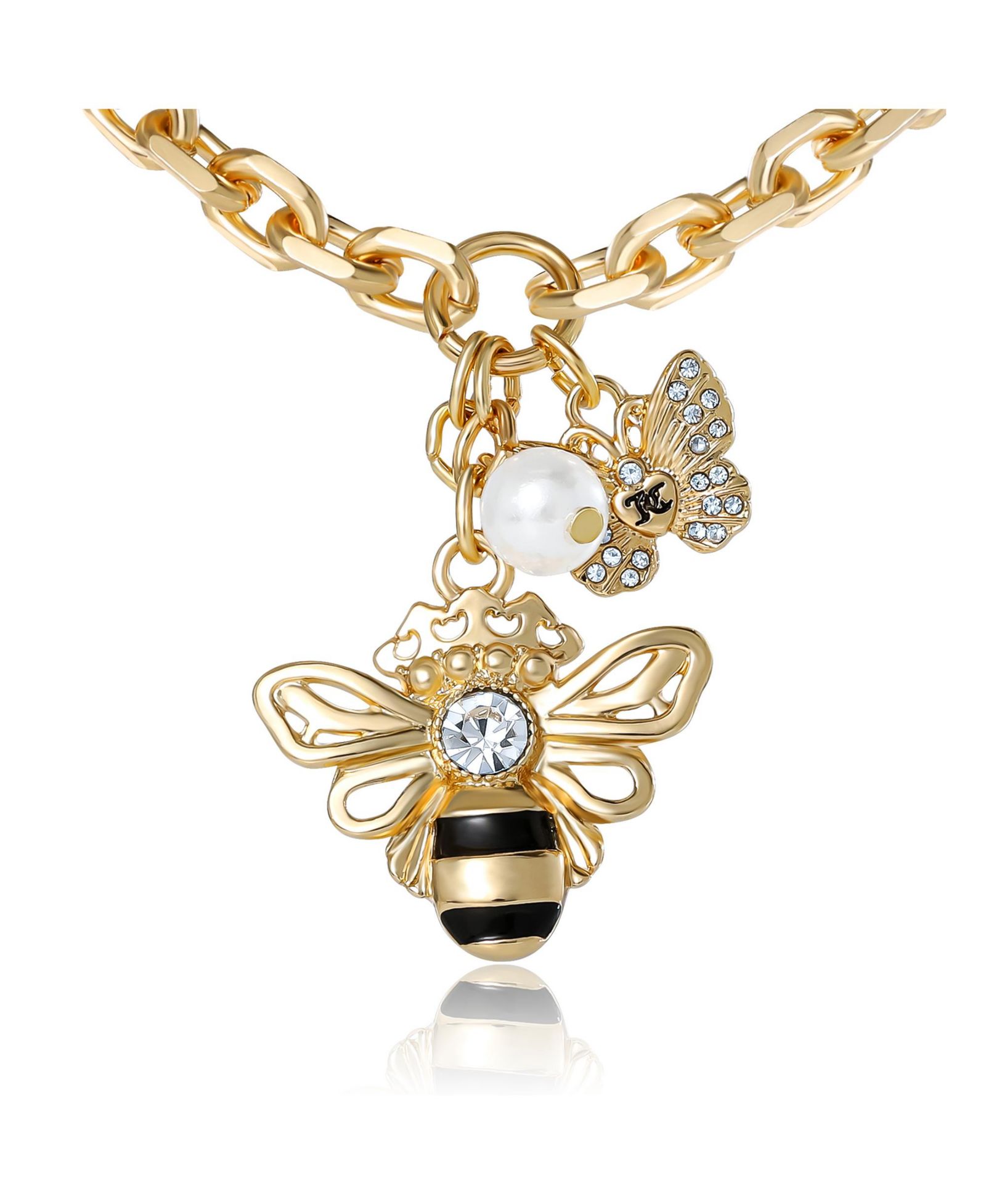 Juicy Couture Charm Cluster Bee Necklace, Gold Tone with Crystal Butterfly and Pearl Accents
