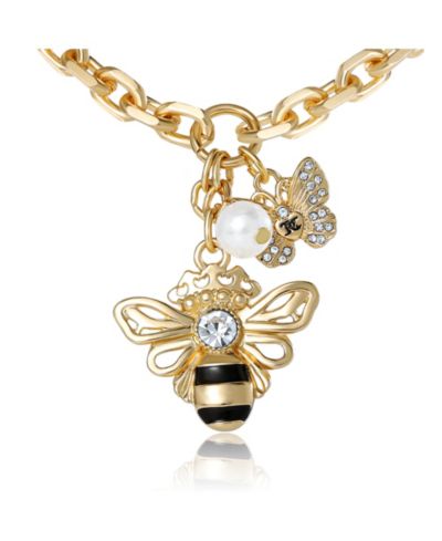 Juicy Couture Charm Cluster Bee Necklace, Gold Tone with Crystal Butterfly and Pearl Accents