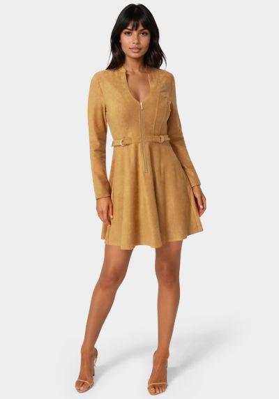 Женское мини-платье Bebe Fit and Flare Long Sleeve Suede