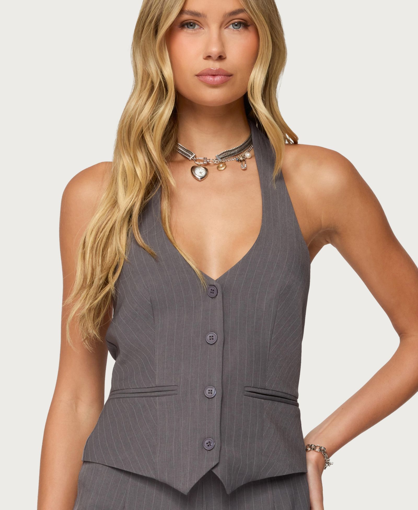 Edikted Women's Riya Pinstripe Button Up Halter Top
