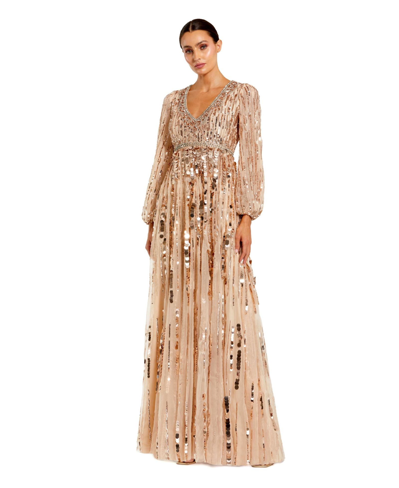 Mac Duggal Women's Embellished Mesh Long Sleeve V Neck Gown
