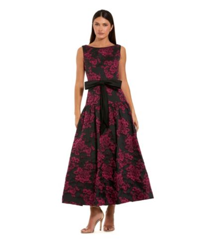Mac Duggal Women's Satin Bow Brocade Drop Waist Midi Dress