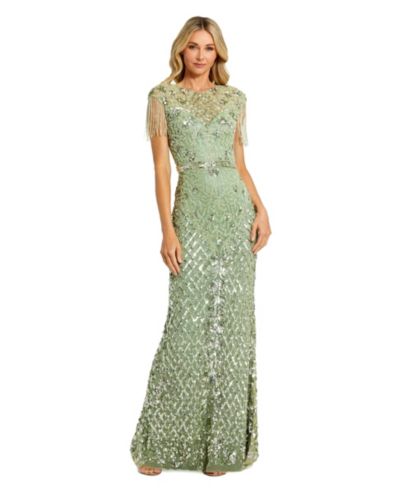 Mac Duggal Women's High Neck Sleeveless Beaded Fringe Fitted Gown
