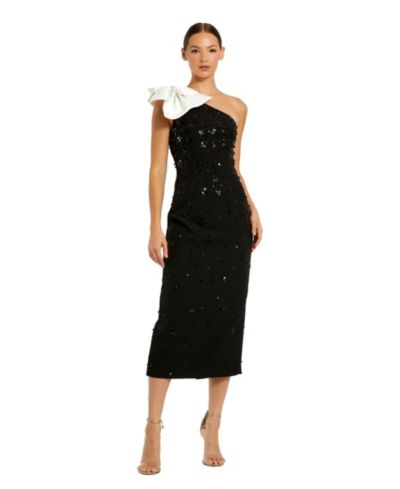 Mac Duggal Женское миди-платье с вышивкой бисером и бантом, одно плечо