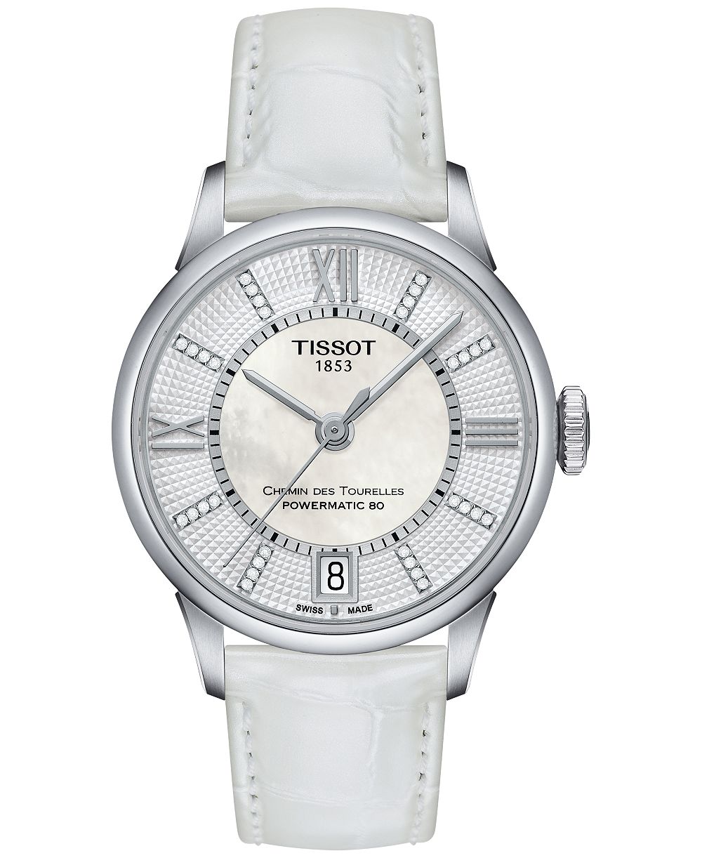 Tissot женские швейцарские автоматические часы Chemin Des Tourelles с бриллиантами, белый кожаный ремешок 32 мм T0992071611600