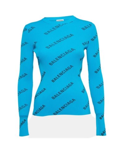 Pre-Owned Balenciaga Women's Blue Logo Print Rib Knit Full Sleeve Top S