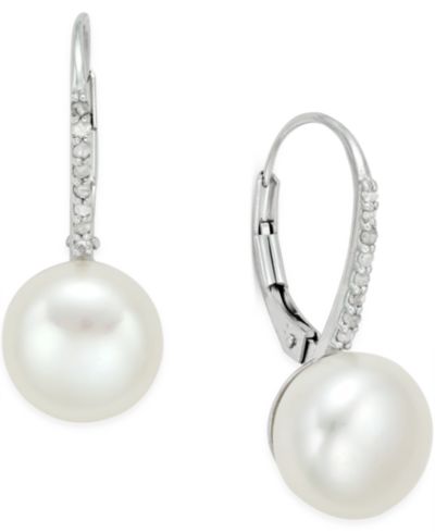 Cultured Freshwater Pearl (10mm) and Diamond (1/10 ct. t.w.) Leverback Earrings in Sterling Silver or 18k Gold over Sterling Silver