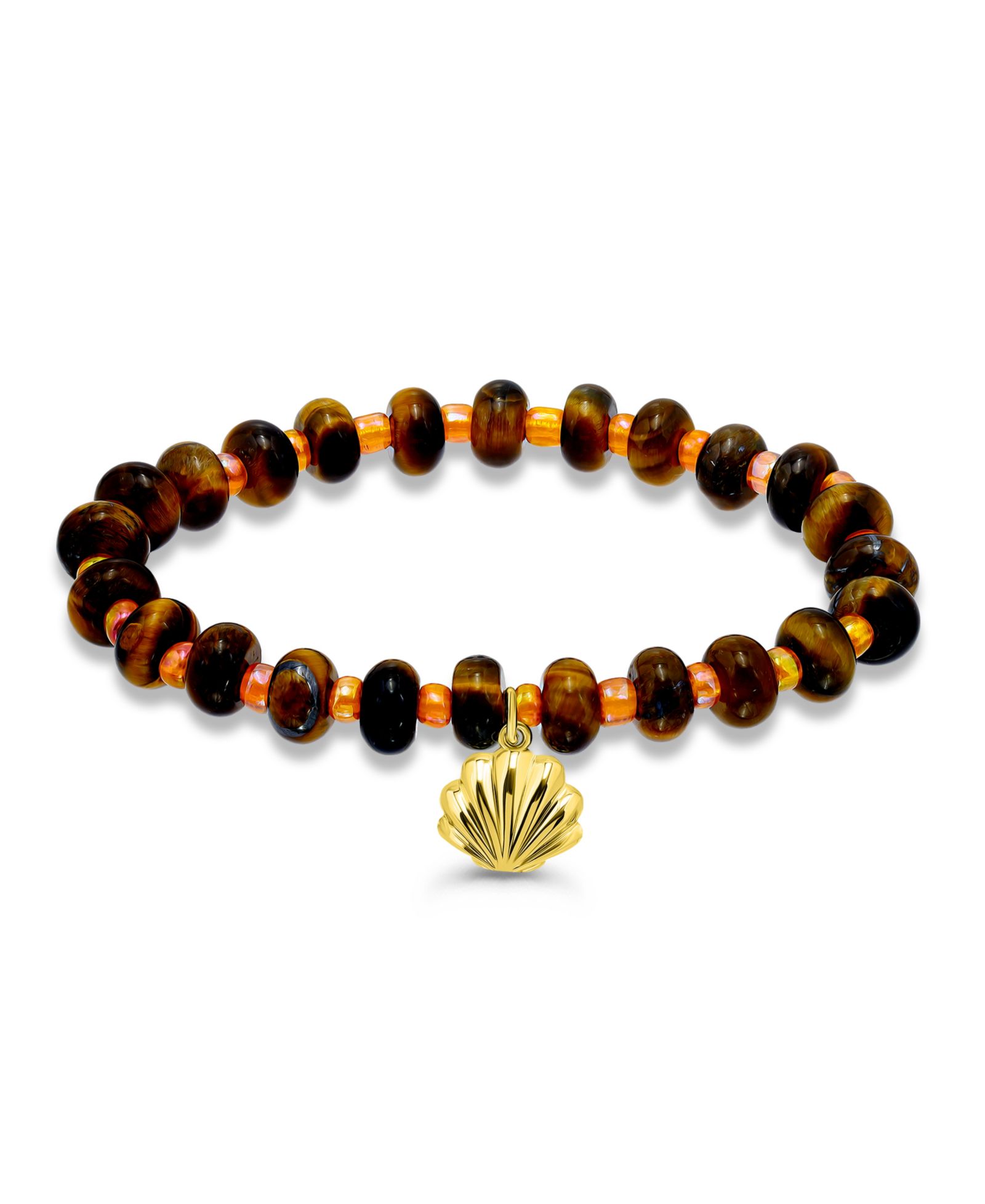 Браслет Macy's Tigers Eye Rondelle Beads and Clamshell Drop Charm Beaded Gold Plated Stretch