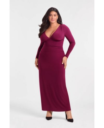 S3 Apparel Women's Sculpting Shapewear Shirred V-Neck Long Sleeve Solid Maxi Dress