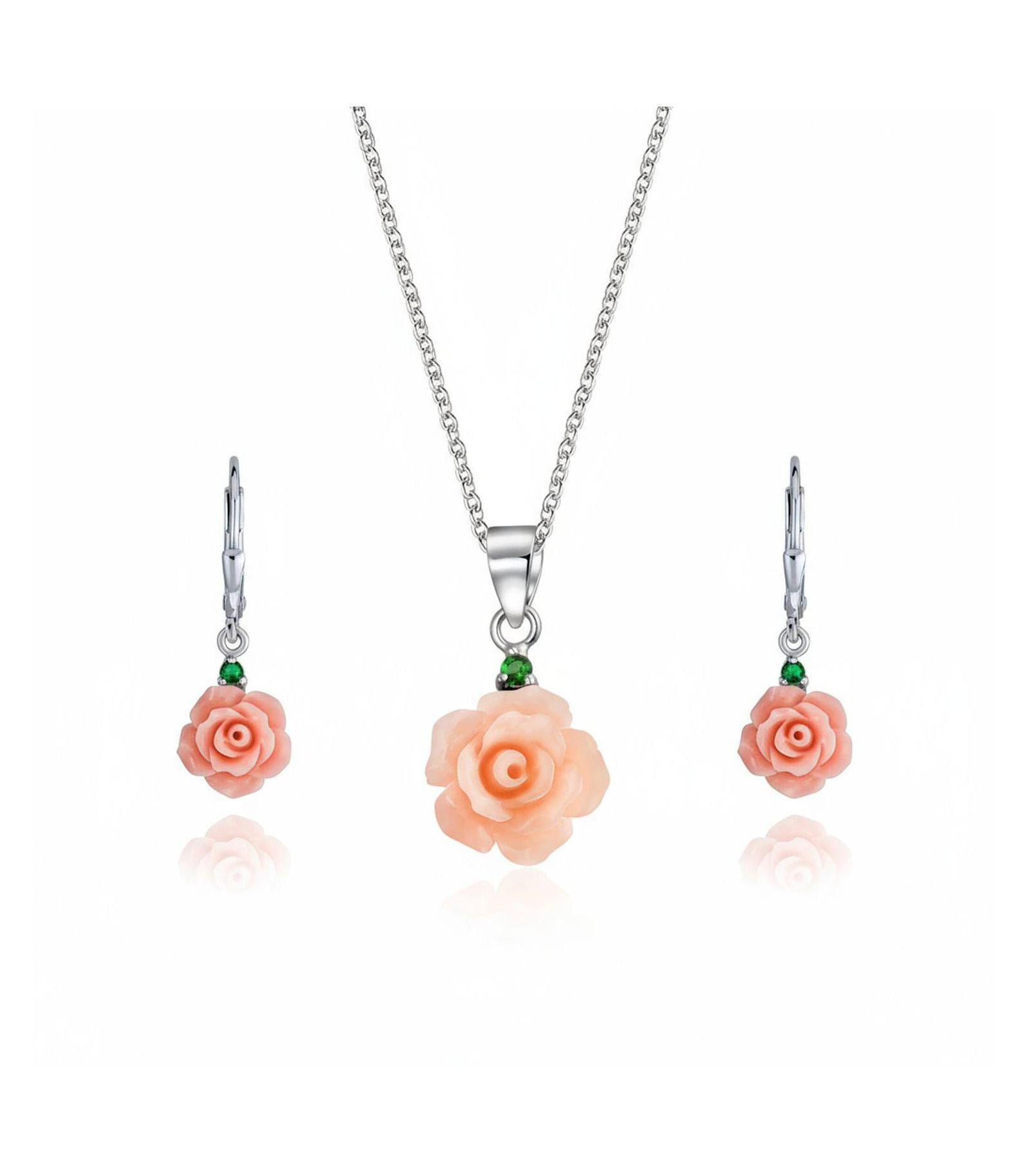 Bling Jewelry Romantic Floral 3D Pink Rose Green CZ Accent Pendant Necklace and Lever back Dangle Earrings Jewelry Set Sterling Silver