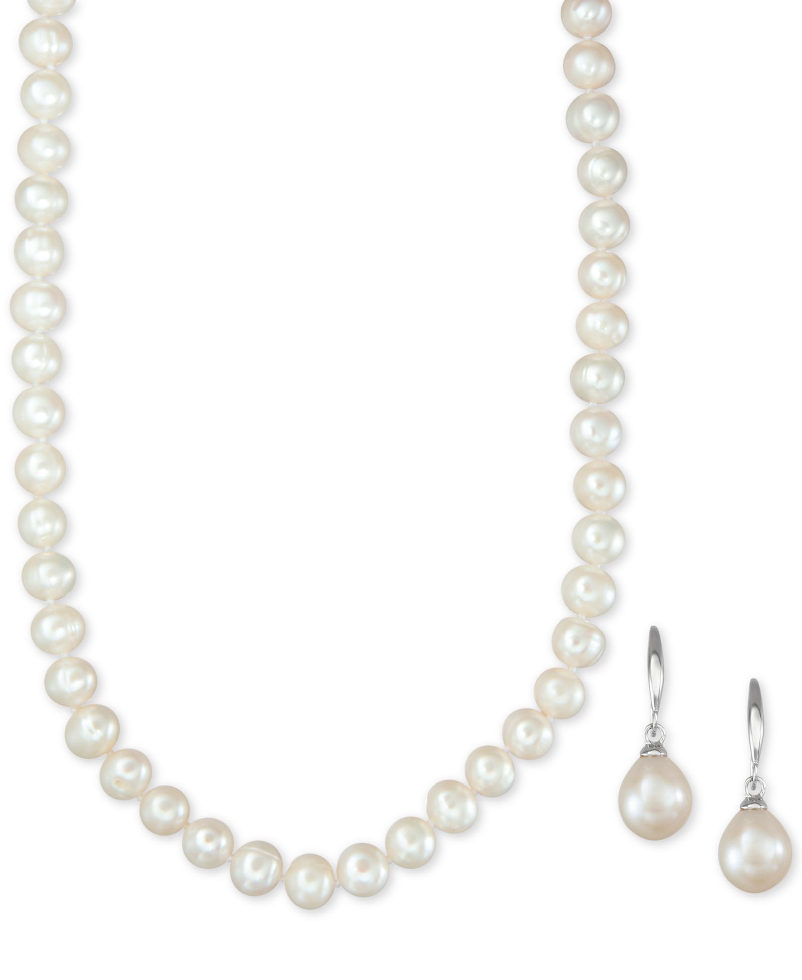 Cultured Freshwater Pearl Necklace (7-7 1/2mm) and Drop Earrings (7x9mm) Set in Sterling Silver