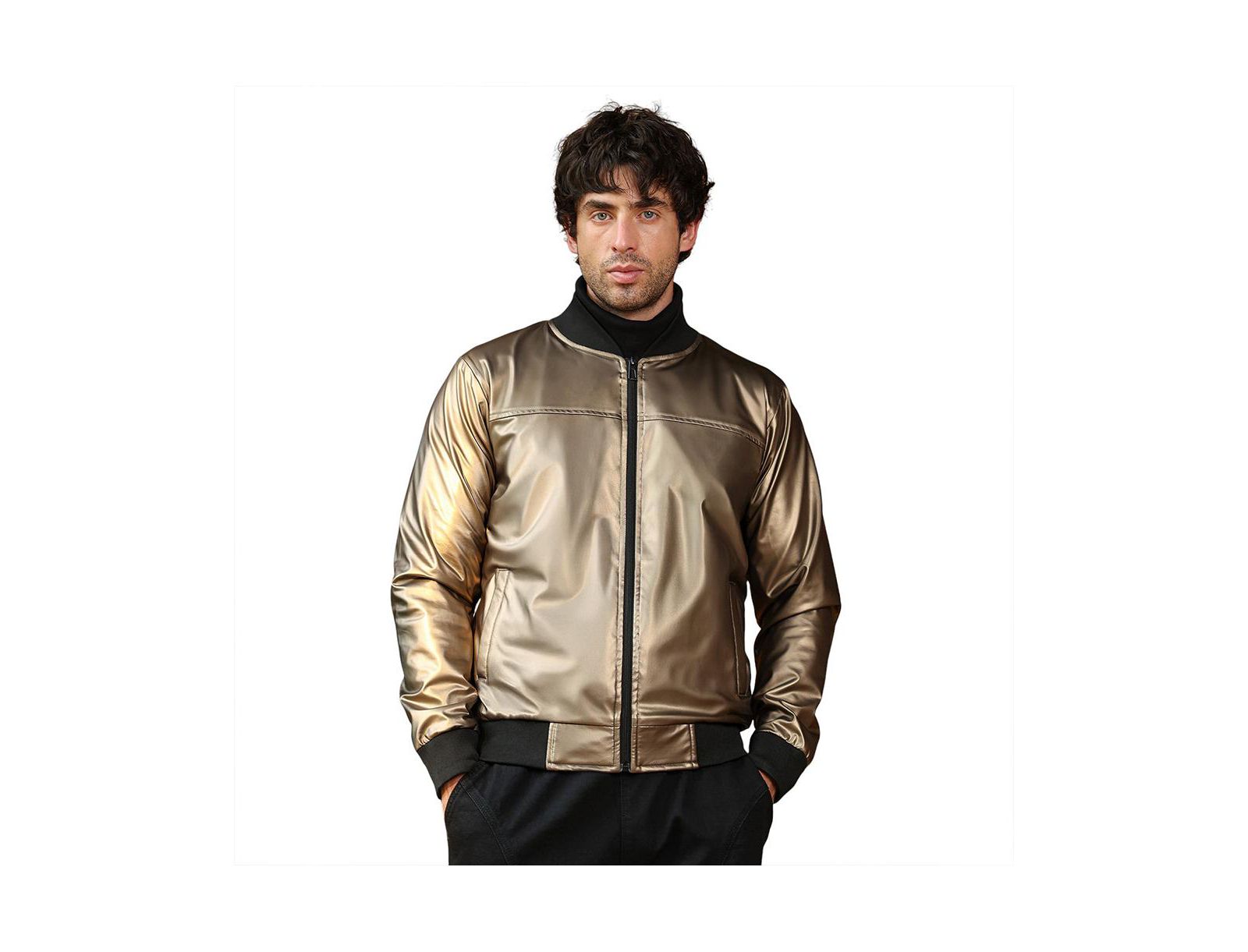 Campus Sutra Men's Antique Bronze Patent-Panel Bomber Jacket