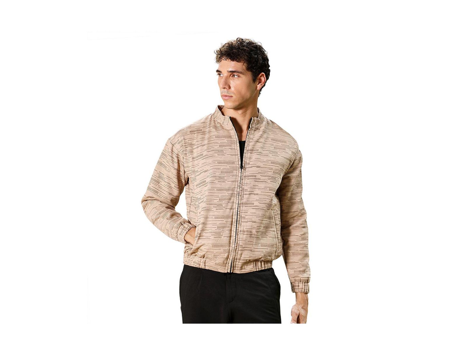 Campus Sutra Men's Sand Beige Lined-Jacquard Bomber Jacket