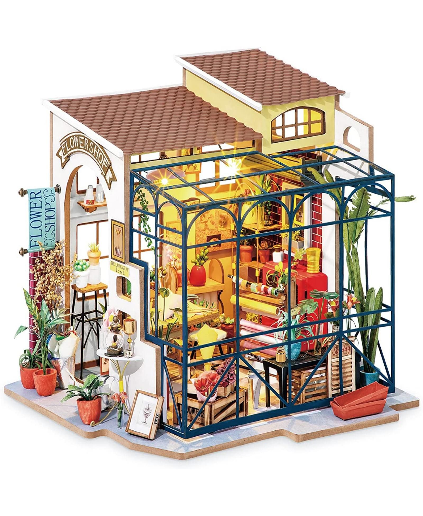 ROBOTIME набор для самостоятельной сборки кукольного домика Mini House Kit - Цветочный магазин Эмили | Мини-домик для взрослых для сборки со светодиодной подсветкой для украшения на Хэллоуин и Рождество, подарок