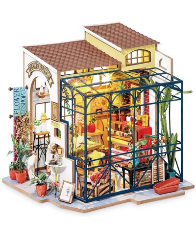 ROBOTIME DIY Dollhouse Kit Mini House Kit -Emily's Flower Shop | Tiny House for Adults to Build with LED Lights for Halloween Christmas Decor Gifts