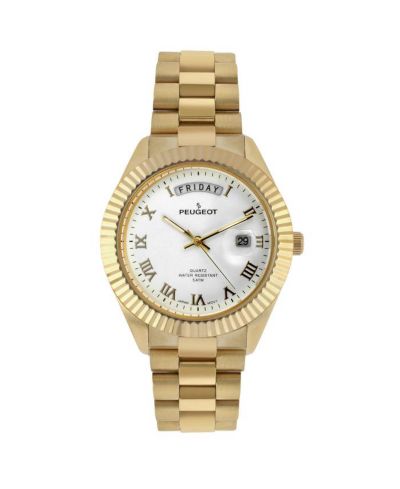 Мужские часы Peugeot 40mm White Face Fluted Bezel Gold Bracelet
