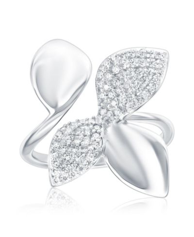 Suzy Levian New York Sterling Silver Cubic Zirconia Abstract Flower Leaf Bypass Ring.