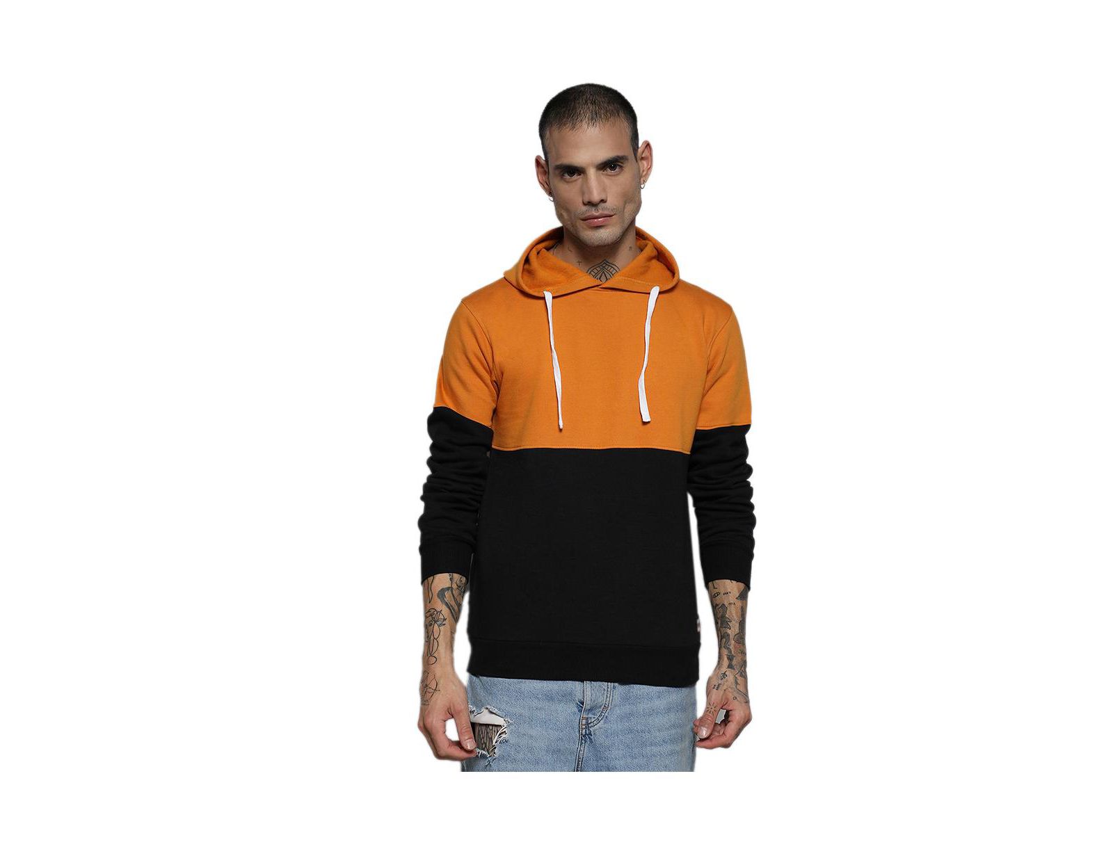 Cahoot Men's Campus Sutra Black & Mustard Yellow Pullover Hoodie With Ribbed Hem