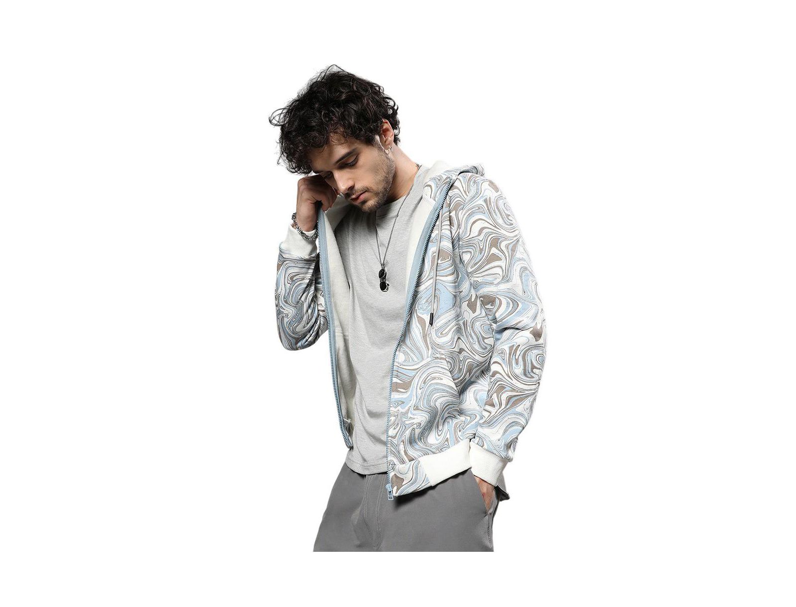 Cahoot Men's Icy Blue and Olive Green Contrast Fluid Zip Front Hoodie