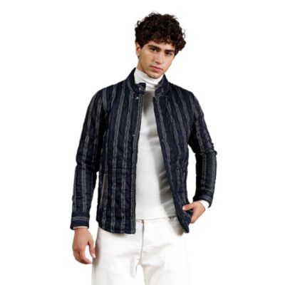 Мужская стеганая куртка Campus Sutra Navy Blue Woven-Striped