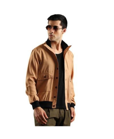 Campus Sutra Men's Khaki Beige Tactile-Utility Bomber Jacket