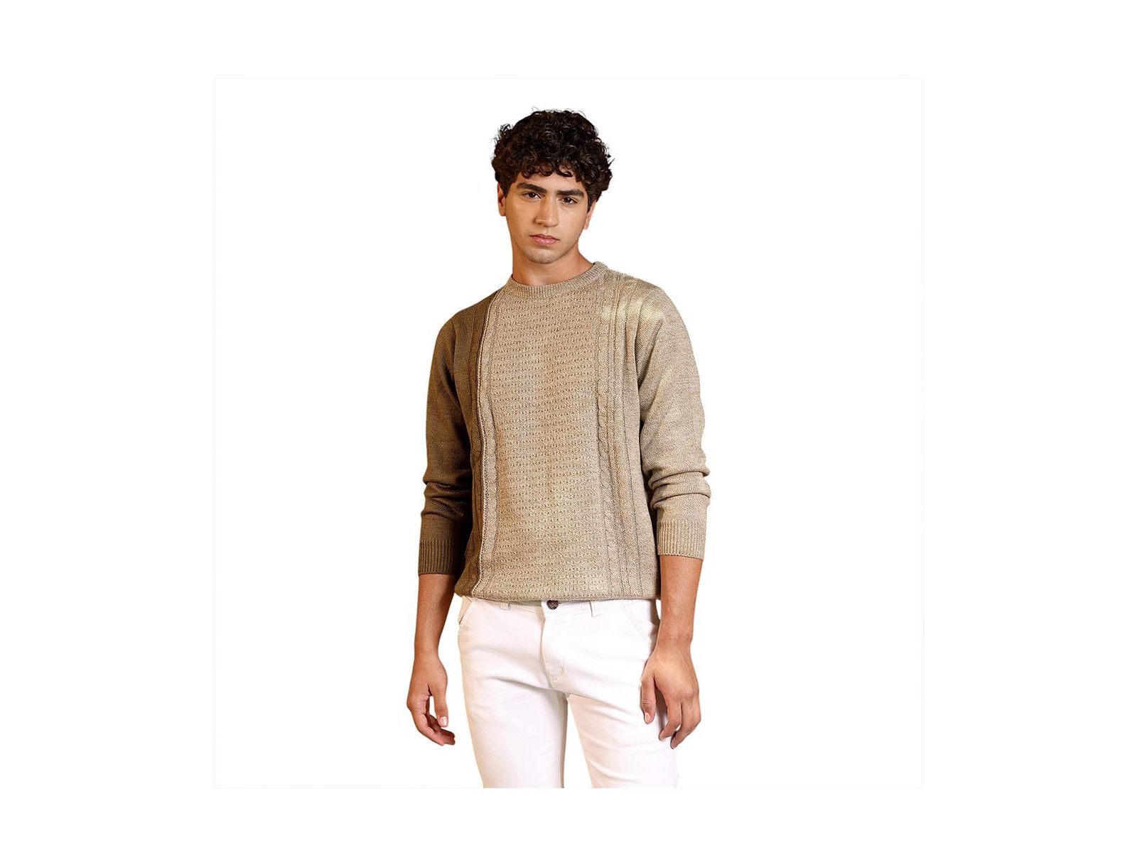 Свитер Campus Sutra Men's Sand Beige Textured-Jacquard Knit